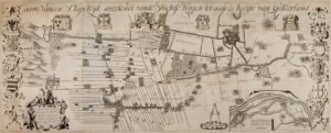 Kaart links de Stichtse bergen met bovenaan direct daarnaast het Egelmeer. Helemaal rechts de hoogte van Gelderland. Daartussen een gebied met lange rechte percelen. Ingetekend zijn gehuchten en huizen. Middenboven de Immincksberg. Tussen het Egelmeer en de Immincksberg ligt een dijk: de Slaperdijk. Onderaan de kaart Veenendaal, boven net rechts van het midden Renswoude.