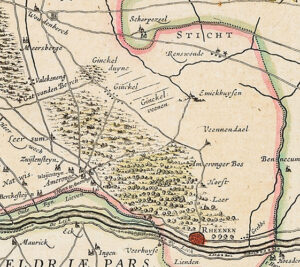 Kaartfragment. In het midden heuvels met bos, rechtsonder Rheenen met daaronder De Leck. Linksonder het bos Ameronge met 't Huys te Ameronge, Lievendal, Waijesteijn, Zuijlesteyn. Boven de heuvels en het bos Ginckel duyne, Ginckel en Ginckel veenen. Rechts boven het bos Veennendael. Er loopt een weg van Rheenen naar Veenendaal.