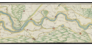 Kaart van een rivier die helemaal links splitst. Onder de rivier ligt het Land van Cleef met heuvel. Links boven ook een heuvelgebied met aan de rand sHeerenberch. Andere herkenbare plaatsnamen: Calkar, Santen, Cleve, Rees, Zevenaar, Emmerick