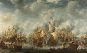 Zeeslag bij Terheide op 10 augustus 1653, tijdens de Eerste Engelse Oorlog. In het midden het gevecht tussen de 'Brederode', het vlaggenschip van Marten Harmensz. Tromp, en het Engels vlaggenschip 'Resolution' onder bevel van admiraal Monk.