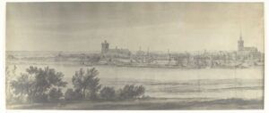 Foto van een tekening met een panoramisch gezicht op Wesel, ingenomen door het Franse legers op 5 juni 1672.