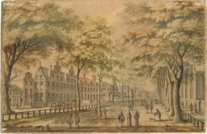 Het Lange Voorhout gezien naar de Kneuterdijk en de Heulstraat. Links het huis van Francois van Aerssen van Sommelsdijck. Rechts de Kloosterkerk. In het midden, tussen de bomen lopen mensen te flaneren. Voor het huis van Van Aerssen een koets met vier paarden.