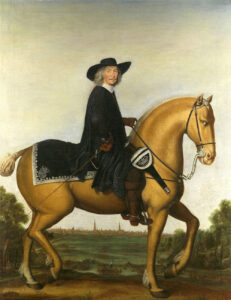 Bernhard van Galen, de bisschop van Münster zit in het zwart gekleed op een beige paard. Hij rijdt naar rechts. Onder het zadel een zwart sjabrak met geborduurde randen. Zijn rechterhand heeft hij in zijn zij met daarin een zweep, de teugels heeft hij in zijn linker hand. Onder het paard door zien we in de verte Groningen liggen met de troepen die daarvoor gelegerd liggen.